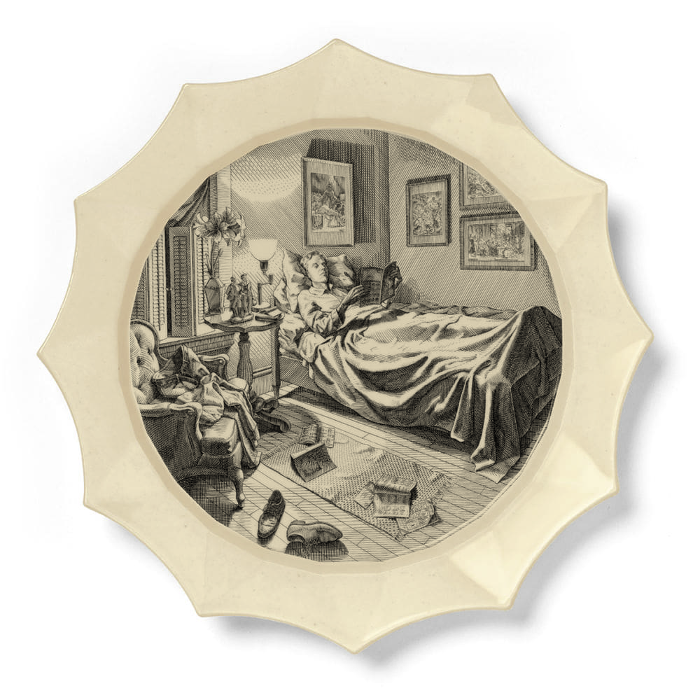 JANUARY: Reading Seed Catalogs, 2016, Engraving transfer-printed on glazed white earthenware plate, 12 1/2 x 12 1/2 inches