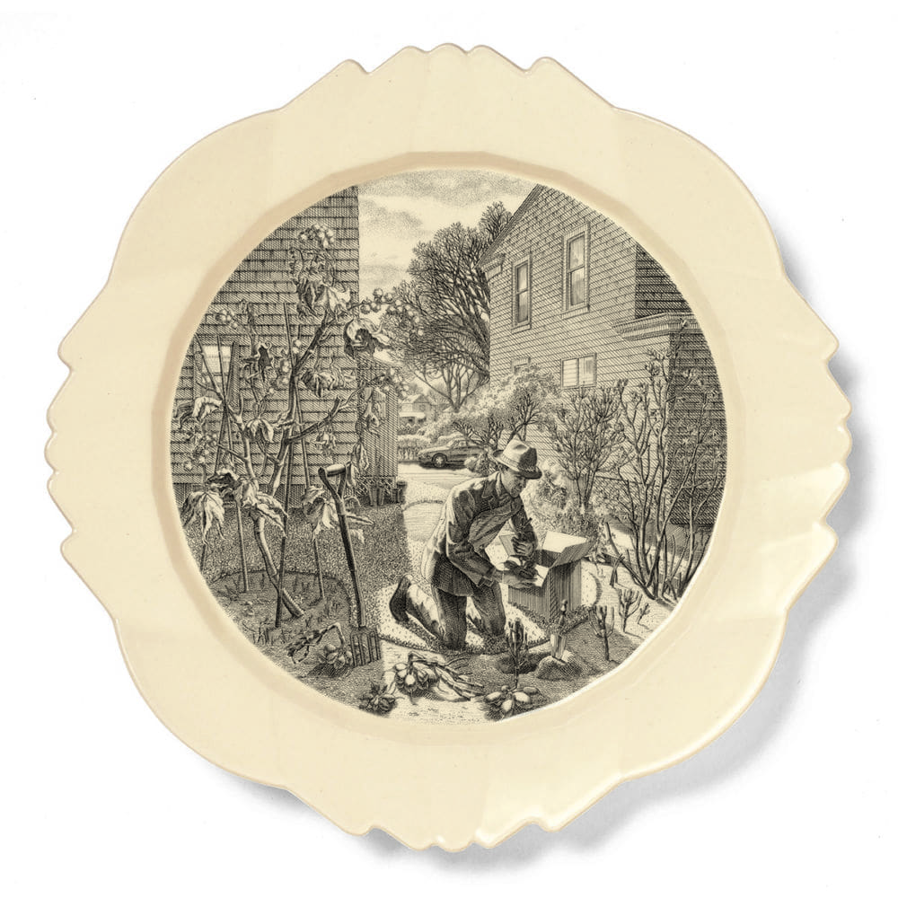 NOVEMBER: Digging Dahlia Tubers, 2016, Engraving transfer-printed on glazed white earthenware plate, 12 1/2 x 12 1/2 inches