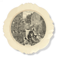 NOVEMBER: Digging Dahlia Tubers, 2016, Engraving transfer-printed on glazed white earthenware plate, 12 1/2 x 12 1/2 inches