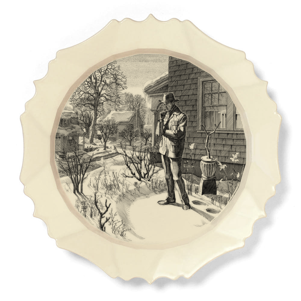 DECEMBER: Contemplating in the Snow, 2016, Engraving transfer-printed on glazed white earthenware plate, 12 1/2 x 12 1/2 inches