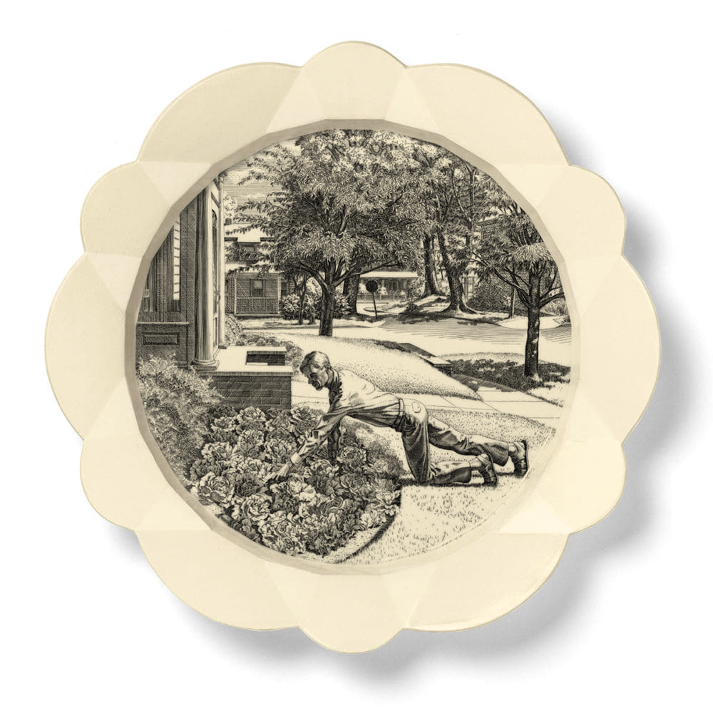 MAY: Cultivating Lettuce, 2016, Engraving transfer-printed on glazed white earthenware plate, 12 1/2 x 12 1/2 inches