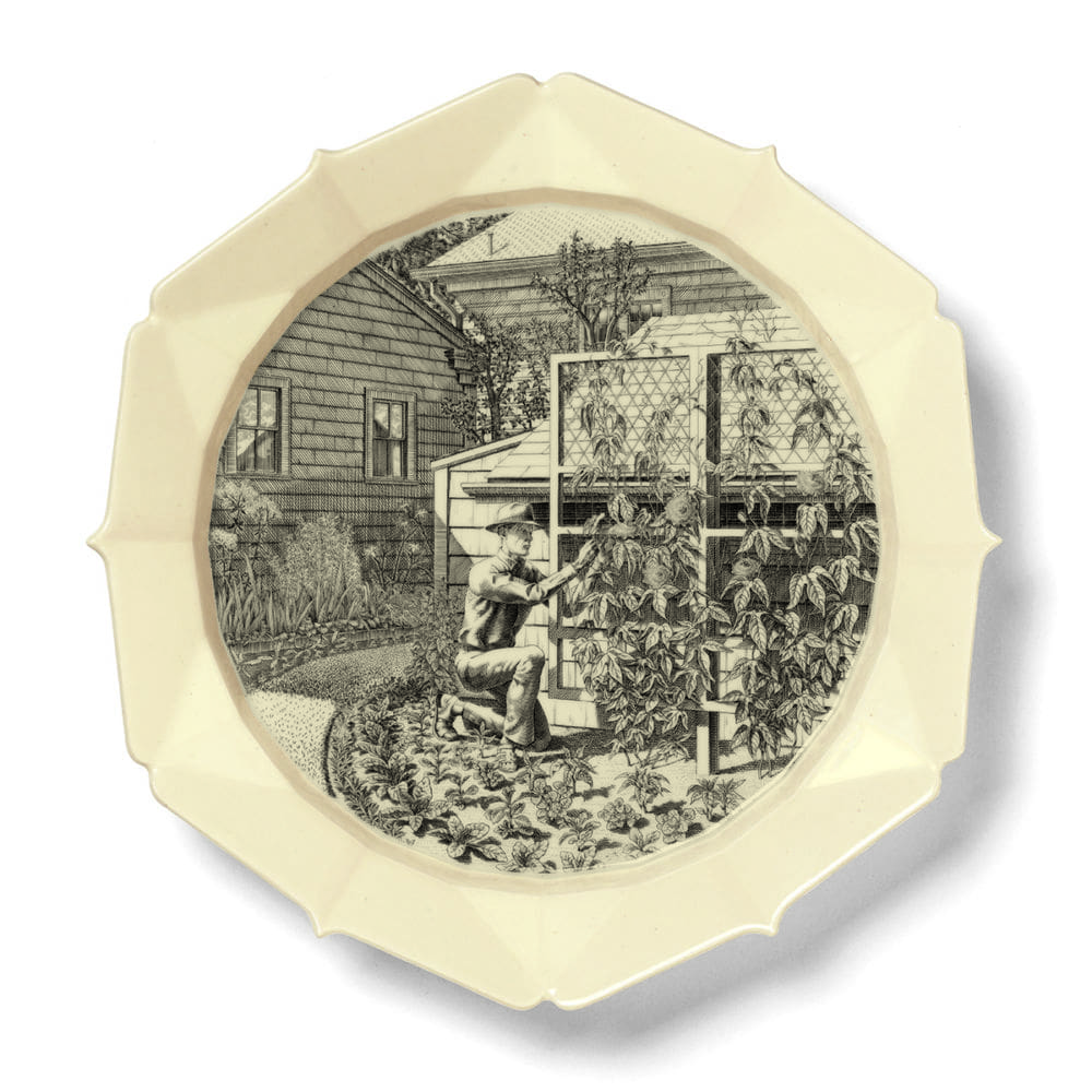 JUNE: Training a Passion Vine, 2016, Engraving transfer-printed on glazed white earthenware plate, 12 1/2 x 12 1/2 inches