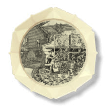 JUNE: Training a Passion Vine, 2016, Engraving transfer-printed on glazed white earthenware plate, 12 1/2 x 12 1/2 inches