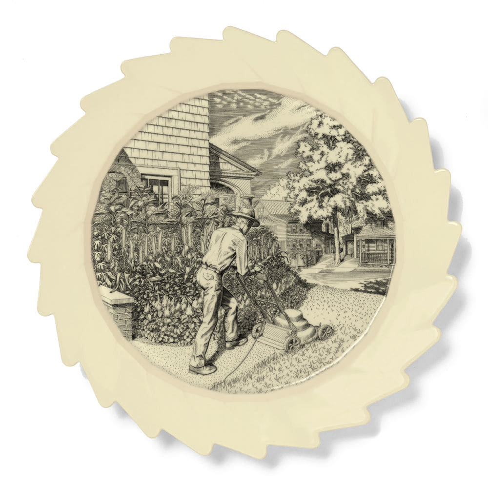 SEPTEMBER: Mowing, 2016, Engraving transfer-printed on glazed white earthenware plate, 12 1/2 x 12 1/2 inches