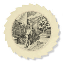 SEPTEMBER: Mowing, 2016, Engraving transfer-printed on glazed white earthenware plate, 12 1/2 x 12 1/2 inches