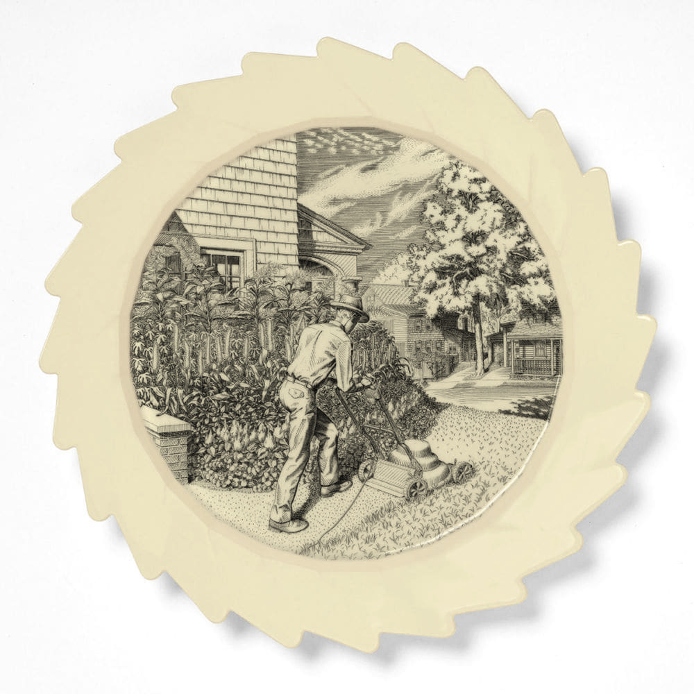 SEPTEMBER: Mowing, 2016, Engraving transfer-printed on glazed white earthenware plate, 12 1/2 x 12 1/2 inches