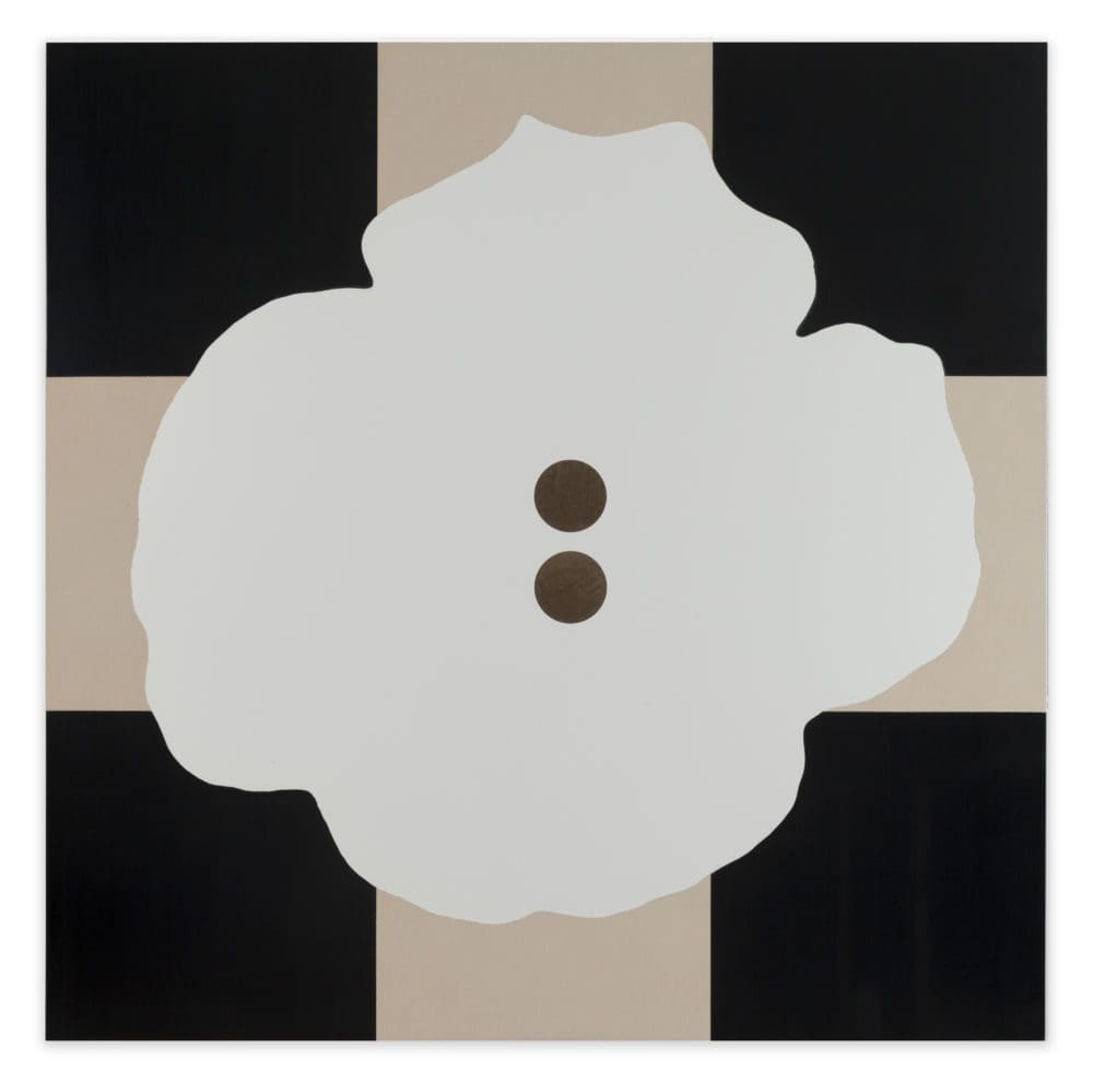 Button on Black and White April 5 2017, Oil, enamel and flock on masonite, 48 x 48 inches (121.9 x 121.9cm)