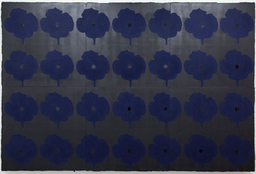 Donald Sultan June 2 2005, 28 Blues, 2005 Tar, enamel, and flock on tile over masonite 96 x 144 inches (243.8 x 365.8 cm)