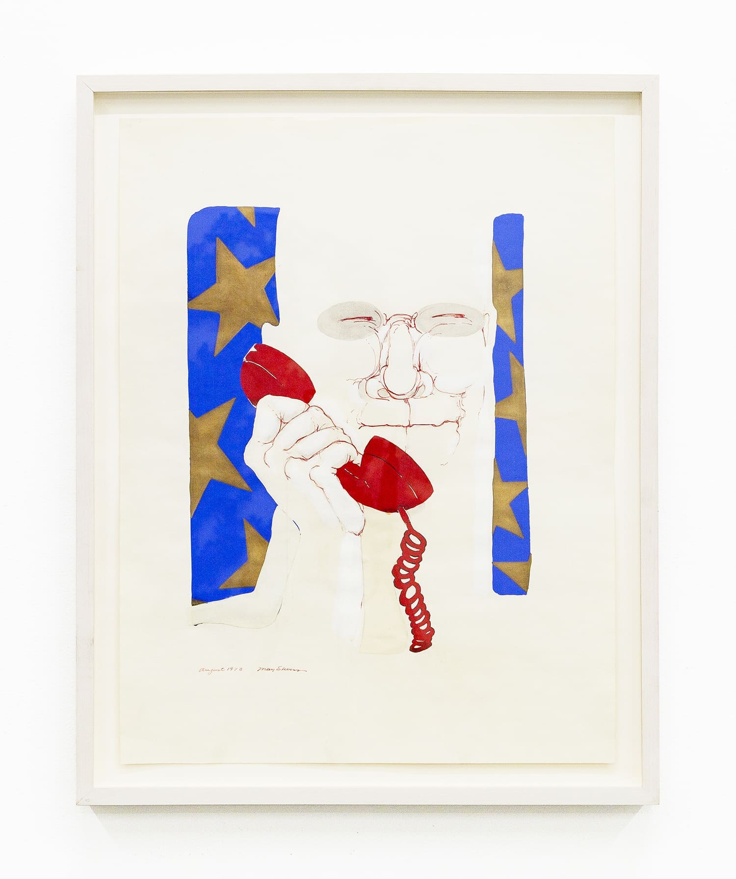May Stevens Big Daddy on the Phone, 1973 Gouache and ink on paper Paper Dimensions: 23 1/4 x 17 7/8 inches (59.1 x 45.4 cm) Framed Dimensions: 26 1/8 x 20 7/8 inches (66.4 x 53 cm)