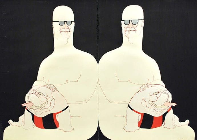 May Stevens Mirrored Big Daddy, c. 1970 Gouache and ink on paper 26 11/16 x 37 13/16 inches (67.8 x 96 cm)