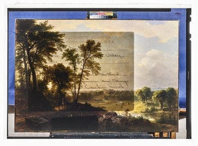 Stephanie Syjuco Color Shift (Asher Durand, 'View toward the Hudson Valley,' 1851, oil on canvas, acc. no. 1948.119, collection of the Wadsworth Atheneum Museum of Art), 2022 Archival pigment print 42 3/4 x 58 inches (108.6 x 147.3 cm) Edition 1 of 3, plus 2AP