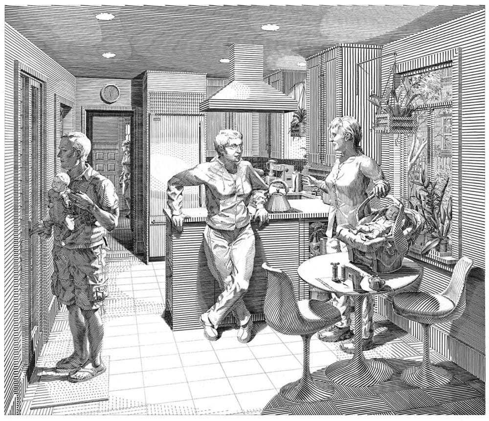 Open House: Five Engraved Scenes, (scene 3, kitchen), 2008, Engraving, 22 x 30 inches (55.88 x 76.2 cm)