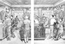 Suit Shopping: An Engraved Narrative, 2002, Copperplate engraving, Scenes 1 and 2: 19 x 24 inches overall (48.26 x 60.96 cm), Edition of 30