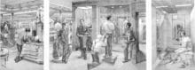 Suit Shopping: An Engraved Narrative, 2002, Copperplate engraving, Scenes 3,4, and 5: 19 x 41 inches overall (48.26 x 104.14 cm), Edition of 30