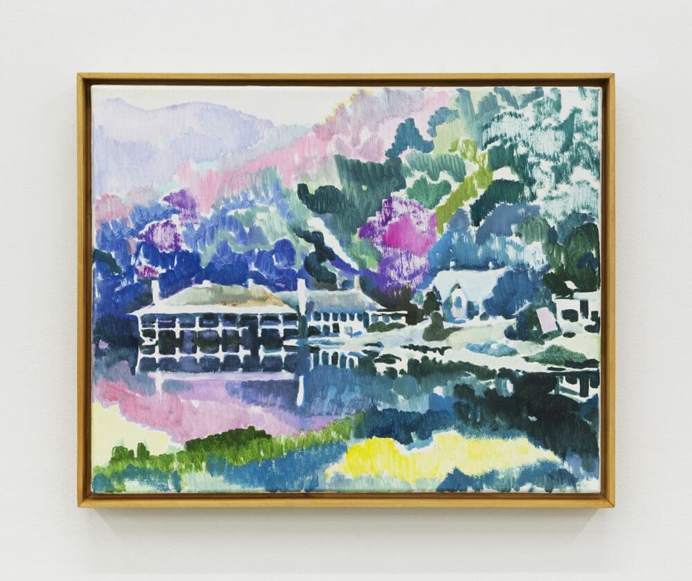 Tim Braden Lake Eden in Blues, Violets, 2022 Oil on canvas 15 3/4 x 19 11/16 inches (40 x 50 cm) Framed Dimensions: 16 7/8 x 20 3/4 inches (42.9 x 52.7 cm)