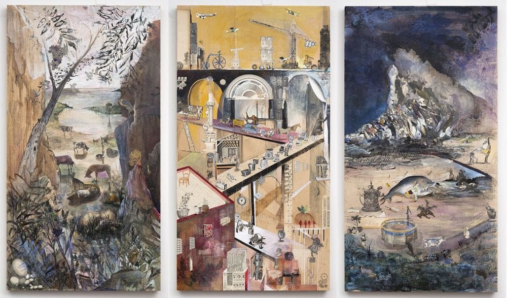 Book of Hours, 2014, Ink, acrylic and antique paper on three panels, 56 x 98 inches overall (142.24 x 248.92 cm)
