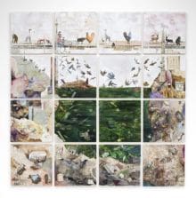 Natural Selection, 2014, Ink, acrylic and antique paper on sixteen panels, 78 x 78 inches overall (198.12 x 198.12 cm)