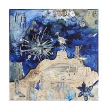 Overnight, 2014, Ink, acrylic and antique paper on panel, 18 x 18 inches (45.72 x 45.72 cm)