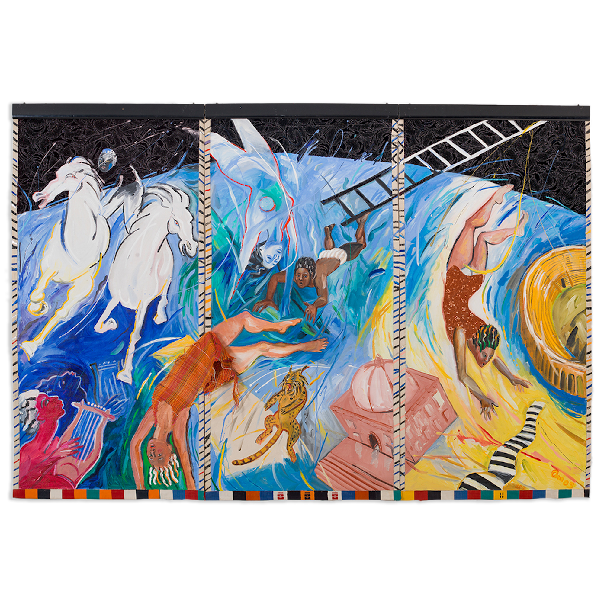 Emma Amos Flying Circus, 1988 Acrylic on canvas with handmade weaving by the artist and African fabric borders (triptych) 78 x 120 inches (198.1 x 304.8 cm)