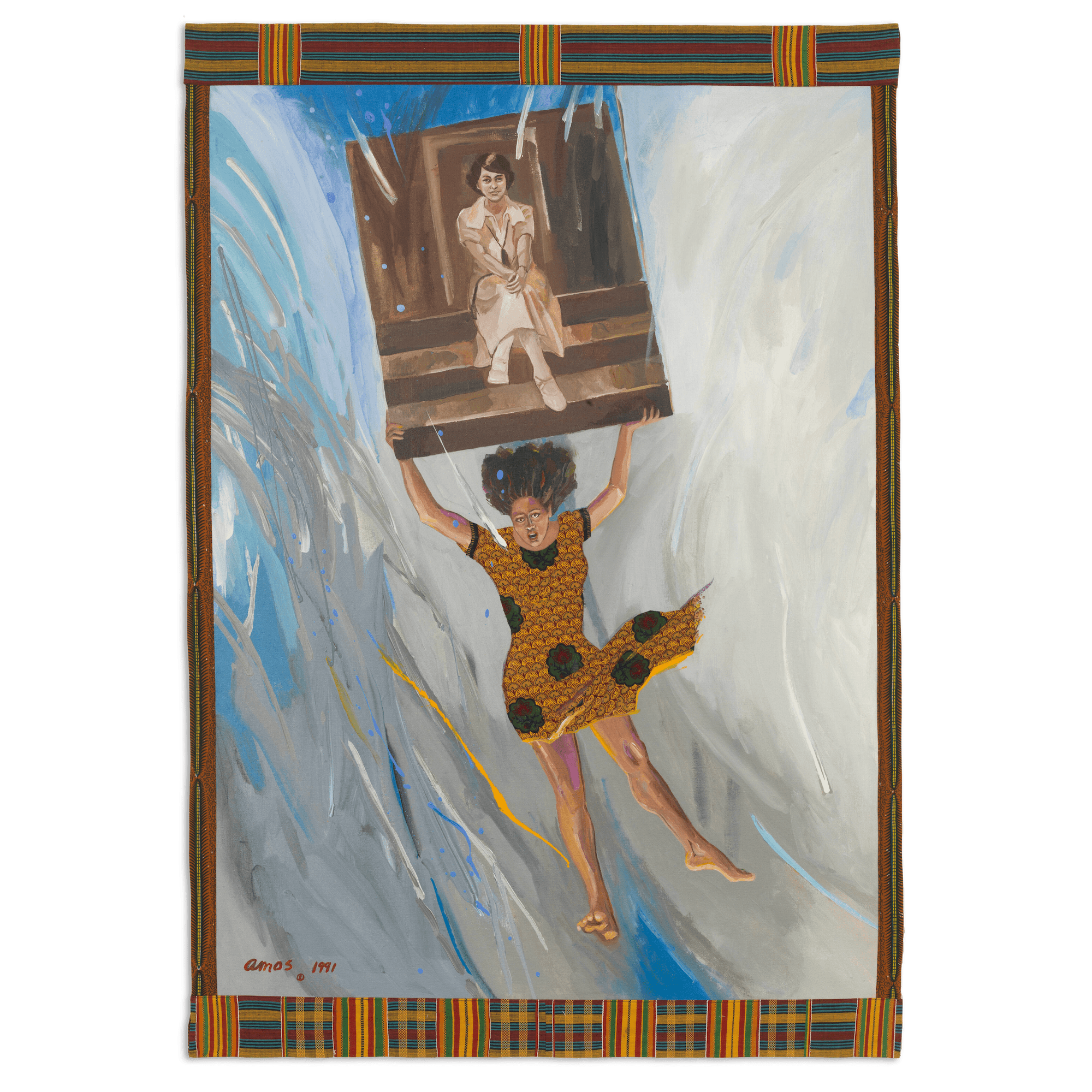 Emma Amos Will You Forget Me, 1991 Acrylic on canvas with fabric collage and African fabric borders 65 x 45 inches (165.1 x 114.3 cm)