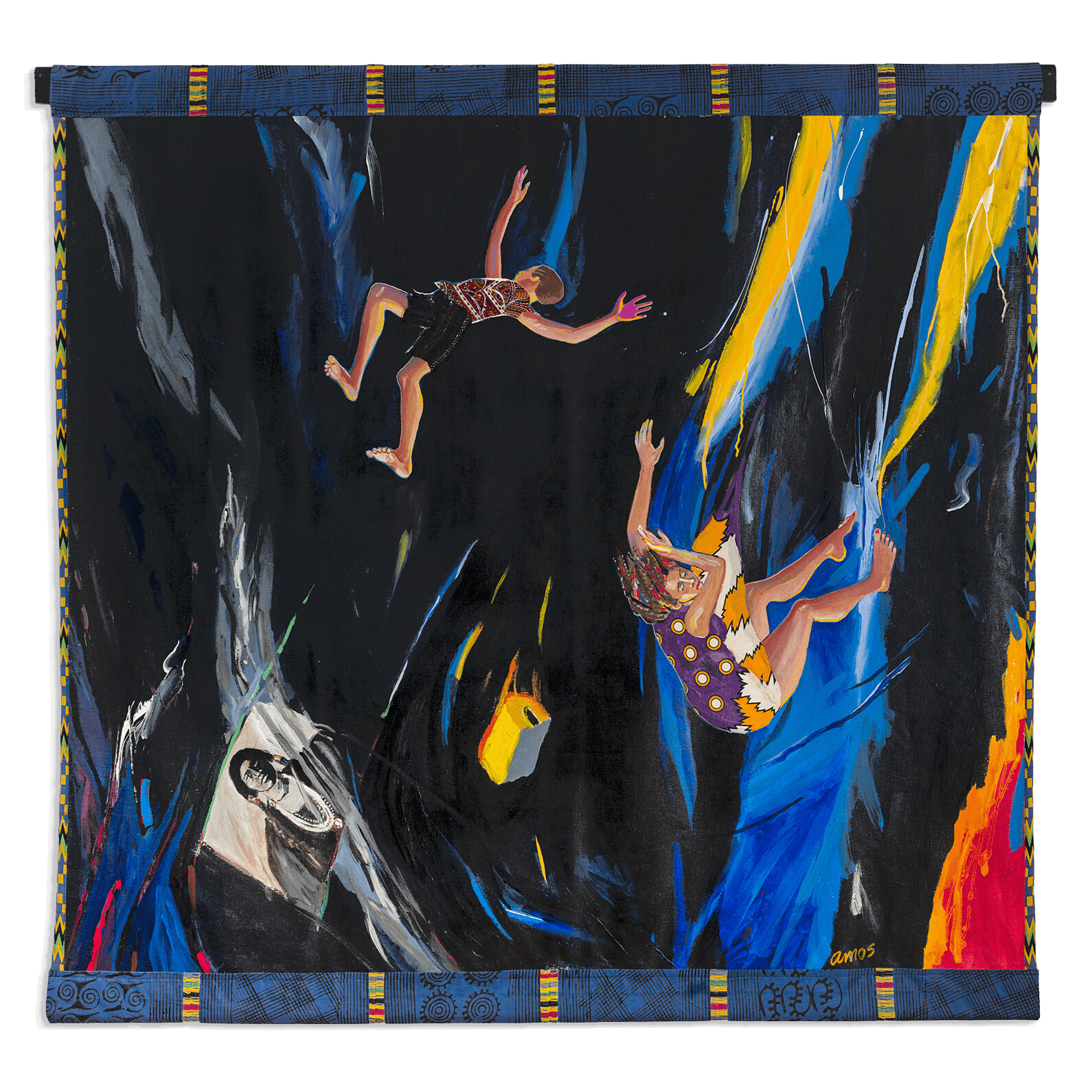 Emma Amos Once Upon a Time, 1989 Acrylic on canvas with handmade weaving by the artist, fabric collage and African fabric borders 80 1/4 x 84 inches (203.8 x 213.4 cm)