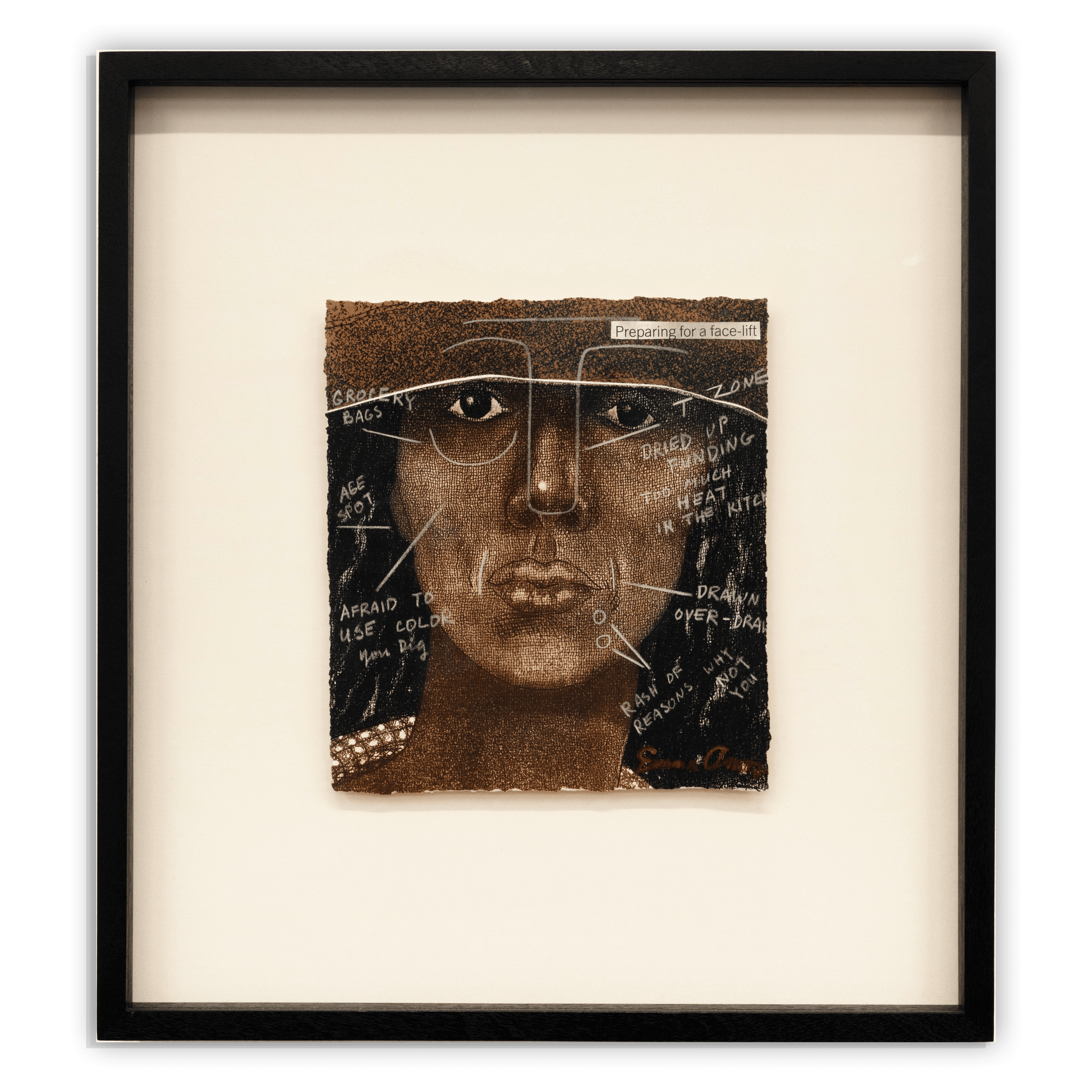 Emma Amos Preparing for a Facelift, 1981 Mixed media drawing over etching with collage Paper Dimensions: 8 1/4 x 7 3/4 inches (21 x 19.7 cm) Framed Dimensions: 16 3/8 x 14 7/8 x 1 3/4 inches (41.6 x 37.8 x 4.4 cm)