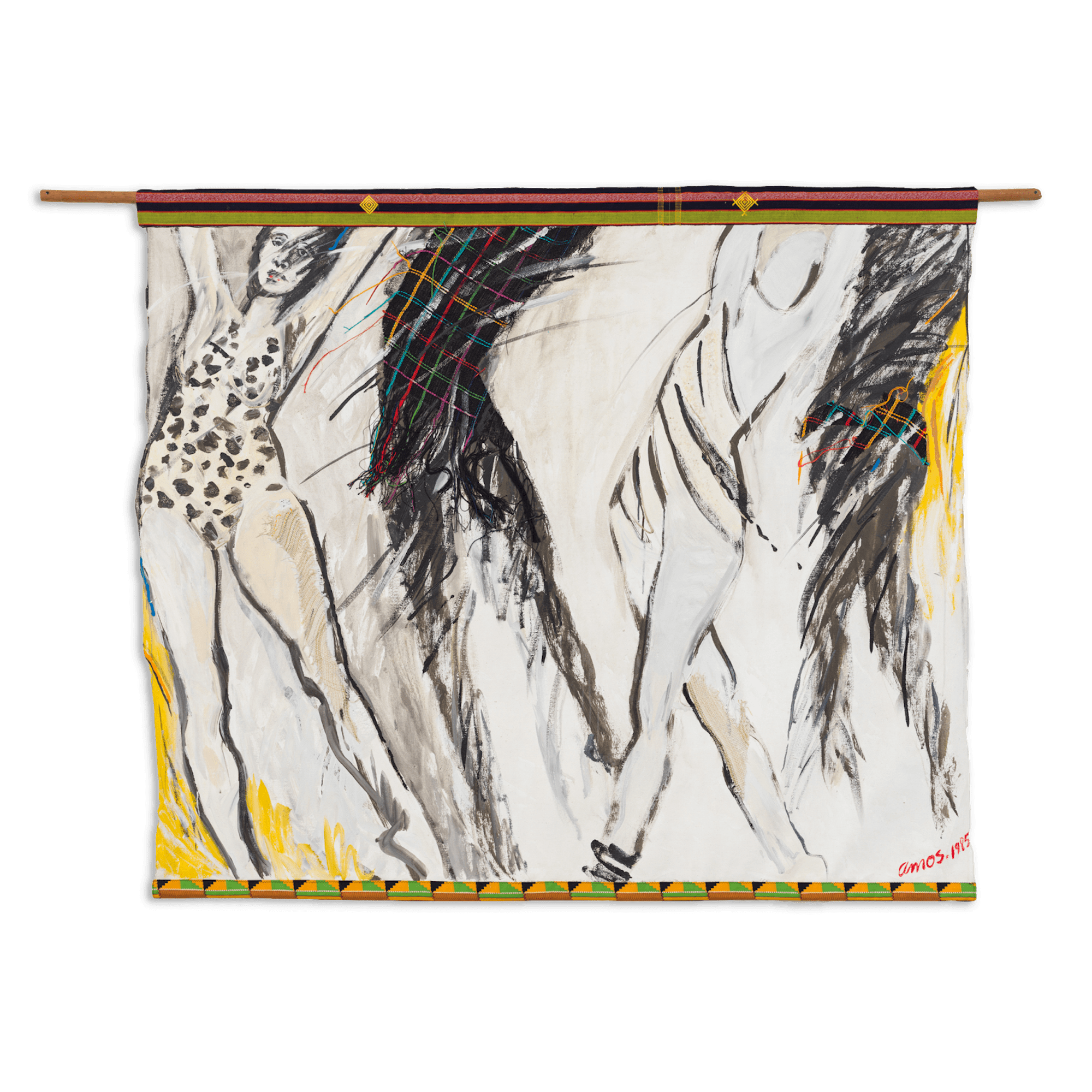 Emma Amos Chorus Line, 1985 Acrylic on canvas with handmade weaving by the artist and African fabric border 64 1/2 x 76 inches (163.8 x 193 cm)