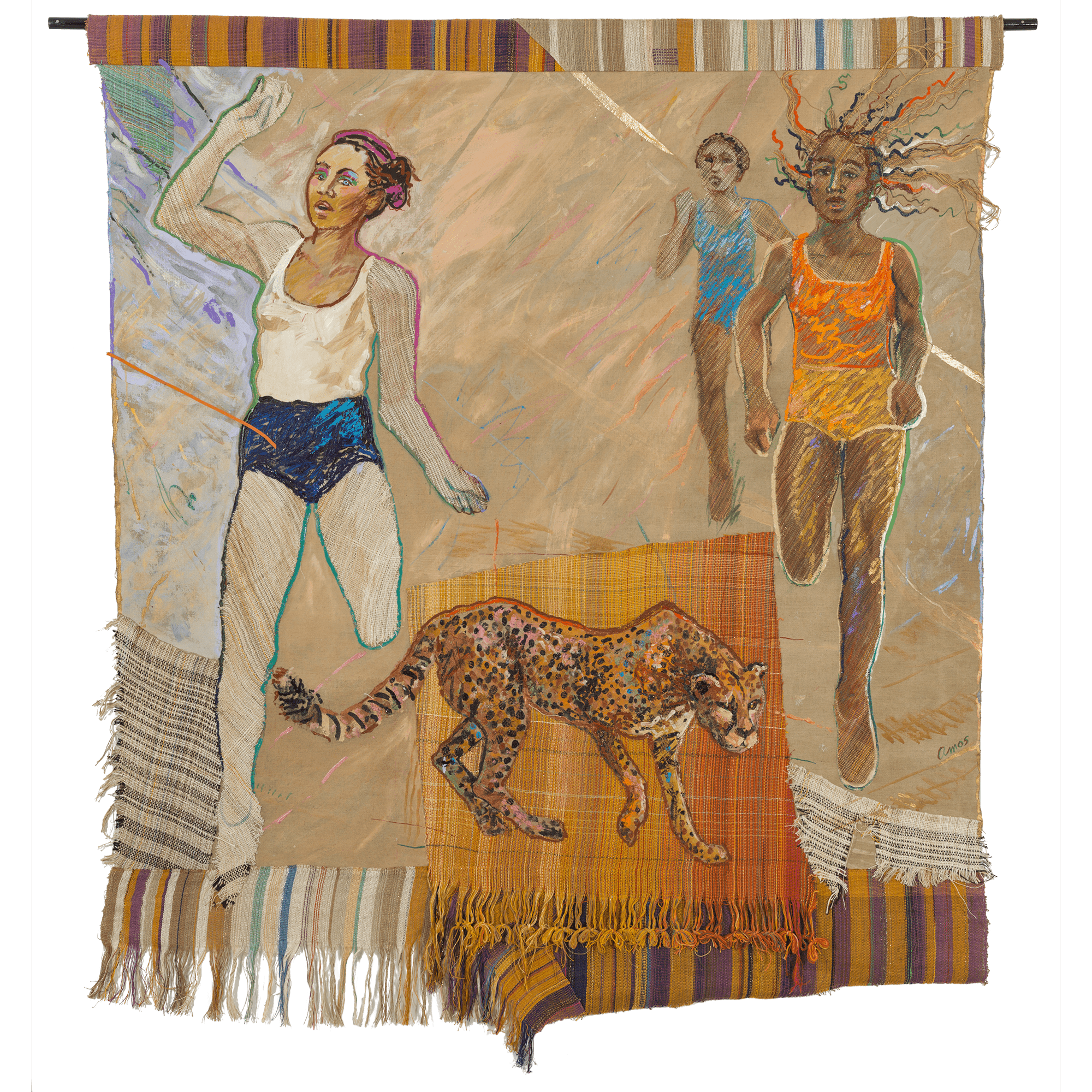 Emma Amos Runners with Cheetah, 1983 Acrylic on canvas with handmade weaving by the artist 96 x 76 inches (243.84 x 193.04 cm)