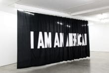 I Am An.., 2017, Hand-sewn cotton fabric mounted on ceiling track, 96 x 255 inches