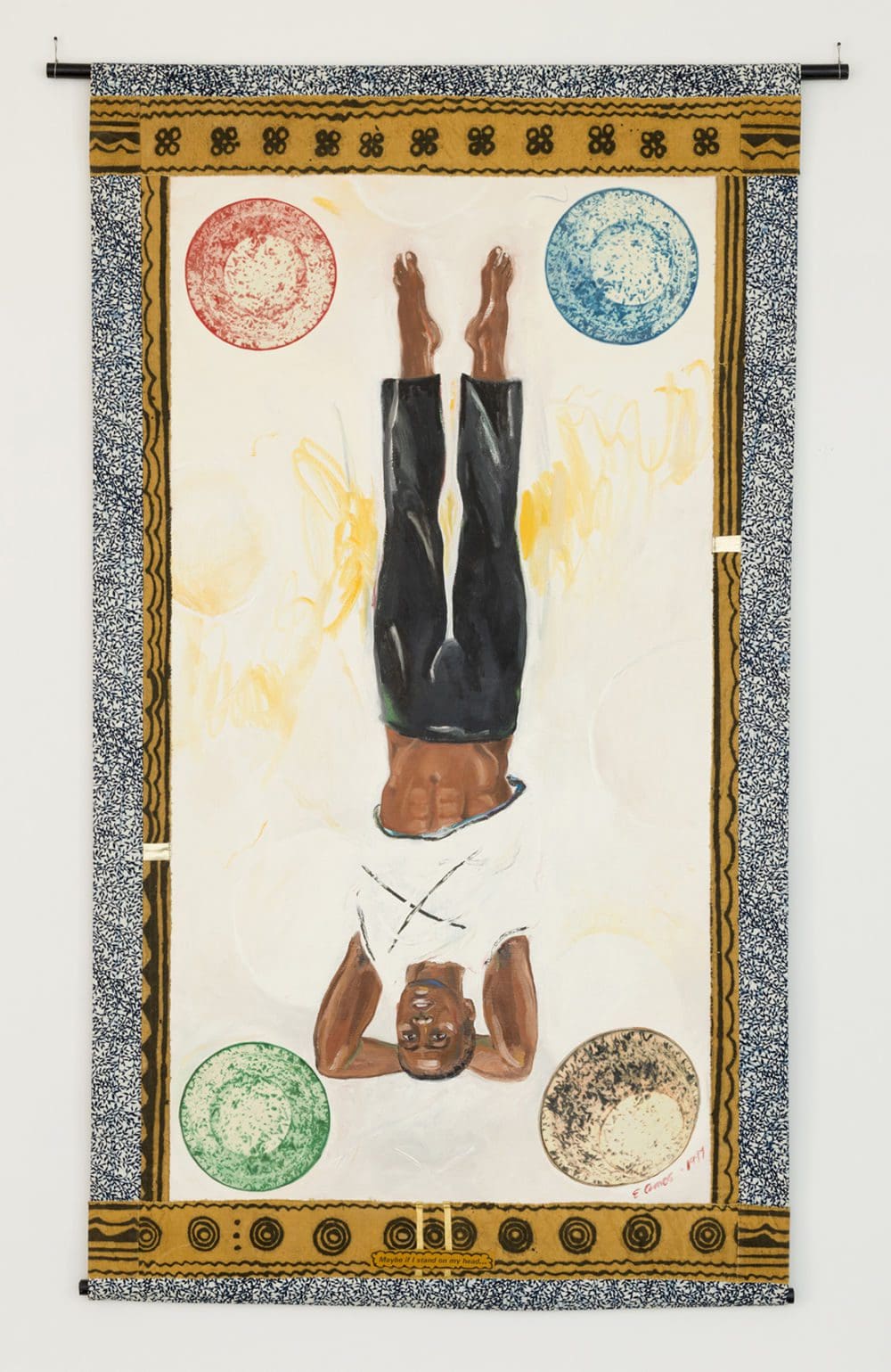 Maybe If I Stand On My Head, 1999, Oil, photo transfer on linen with Dutch wax borders, 87 1/2 x 49 1/2 inches