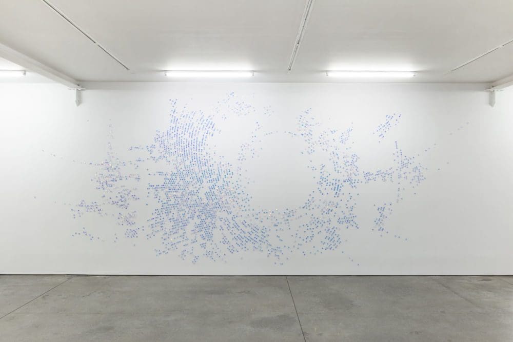 Katy Stone Light Current (Portal), 2020 Dichoric pailettes, pins 102 x 222 x 1/2 inches (259.1 x 563.9 x 1.3 cm)