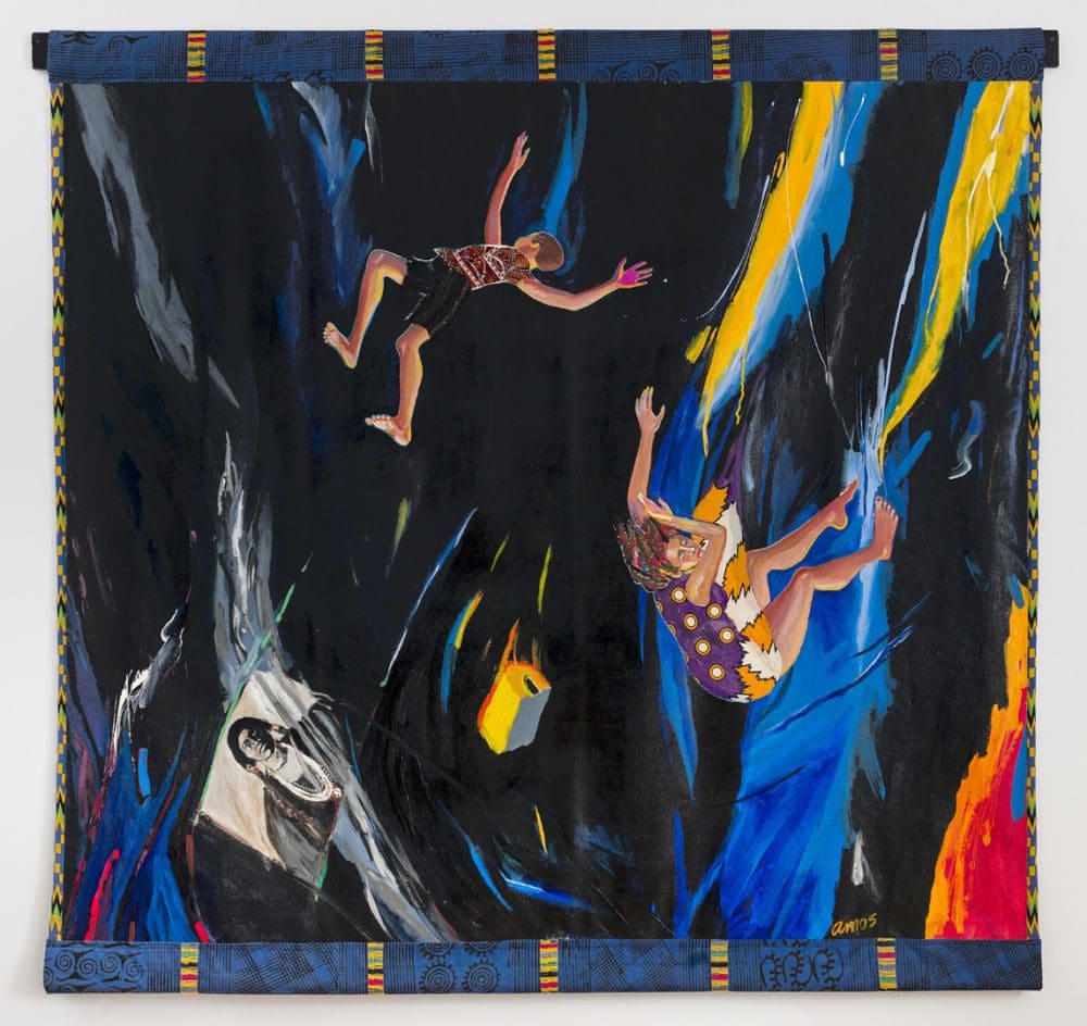 Once Upon a Time, 1989 Acrylic on canvas with hand-woven fabric and African fabric borders 80 1/4 x 84 inches (203.8 x 213.4 cm)