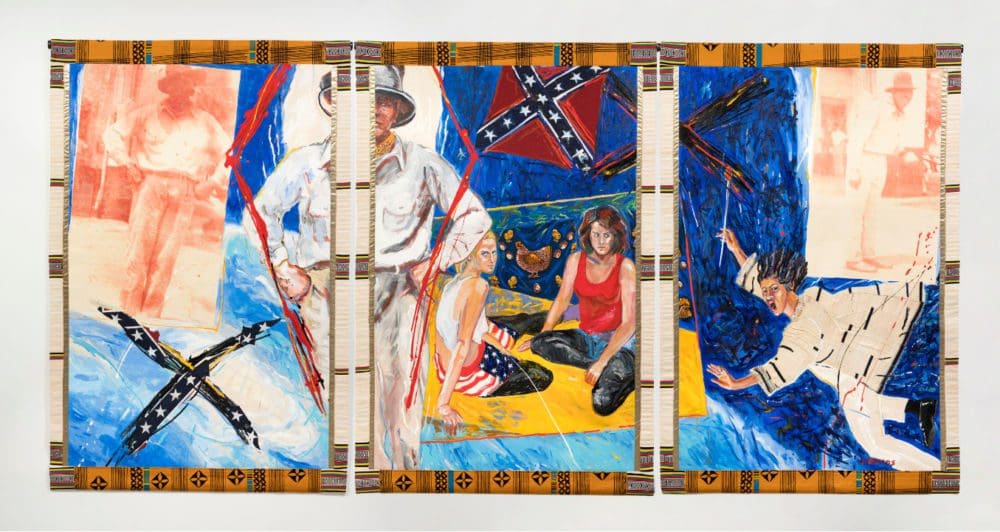 The Overseer, c. 1992 Acrylic on canvas with photo transfer, hand-woven fabric, and African fabric borders Triptych, overall: 84 x 168 inches (213.4 x 426.7 cm)