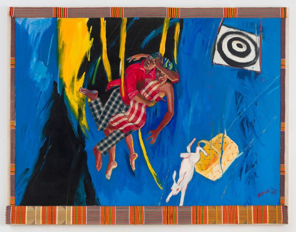 Targets, 1989 Acrylic on canvas with hand-woven fabric and African fabric borders 57 x 73 1/2 inches (144.8 x 186.7 cm)