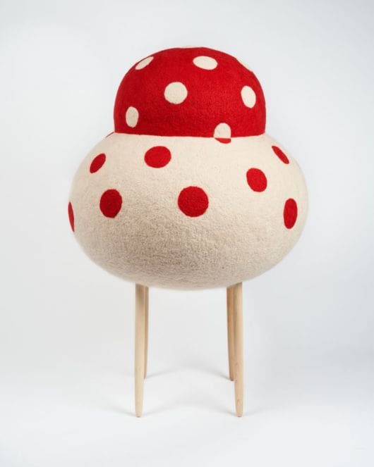 Masako Miki Kagami-mochi yokai (animated mirror sticky rice cakes), 2021 Wool on EPS form, maple wood 37 x 25 inches (94 x 63.5 cm)