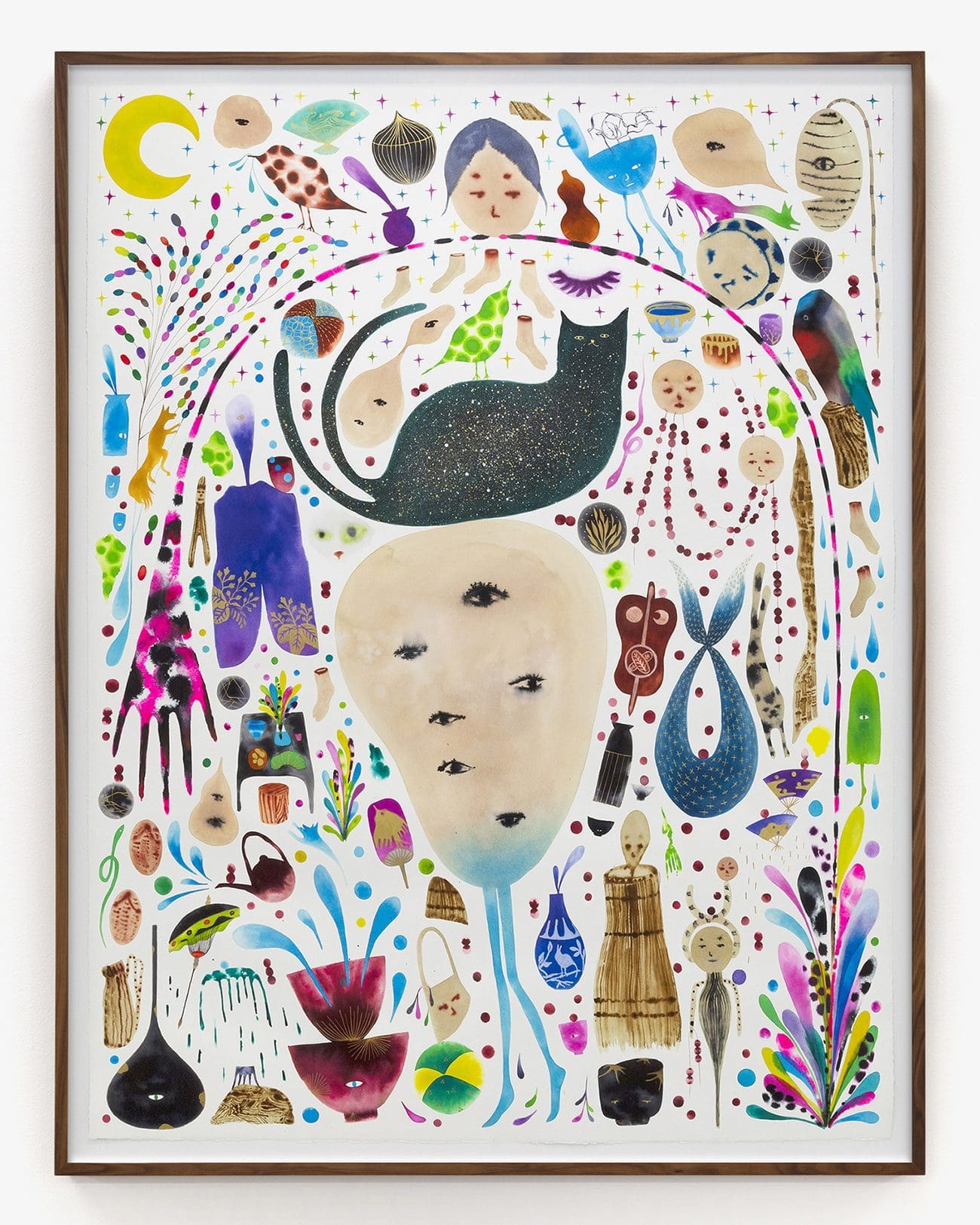 Masako Miki Hyakki Yagho, Night Parade of One Hundred Demons—Following Plaster Wall Shapeshifter and a Cat Who Lived a Million Years, 2023 Ink and watercolor on paper Paper Dimensions: 60 1/4 x 45 7/8 inches (153 x 116.5 cm) Framed Dimensions: 63 x 48 5/8 inches (160 x 123.5 cm)