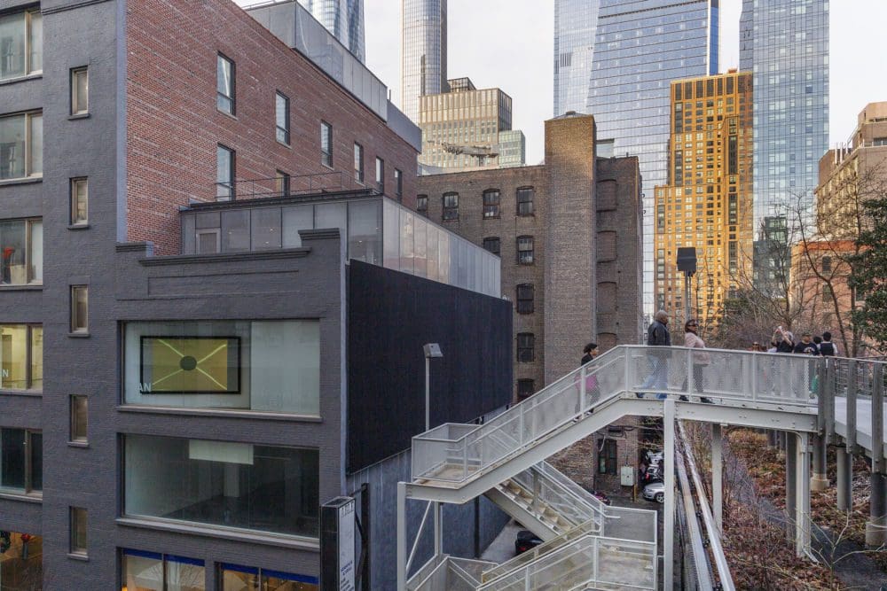 View of Follow the Leader, 2020, from the High Line at 26th Street