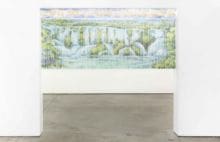 Charlie Mai, Attract Flow of Abundant Wealth Into Your Life: Perfect For Both Home and Office, 2022, Mylar curtain, paint, wooden box and metal chain, 46 1/2 x 102 3/4 inches (108 x 261 cm)