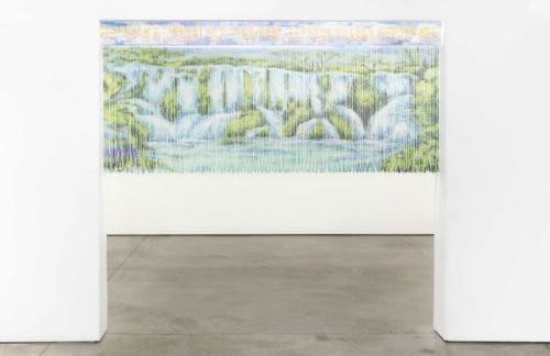 Charlie Mai, Attract Flow of Abundant Wealth Into Your Life: Perfect For Both Home and Office, 2022, Mylar curtain, paint, wooden box and metal chain, 46 1/2 x 102 3/4 inches (108 x 261 cm)