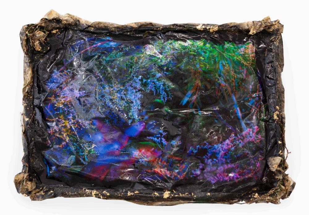 Christopher Udemezue, In the Hollow of Bickersteth, 2022, Canvas, acrylic, gold leaf, moss, resin, vines, bay leaves, guava leaves, objects found in Bickersteth, Jamaica, 67 x 96 inches (170.2 x 243.8 cm)