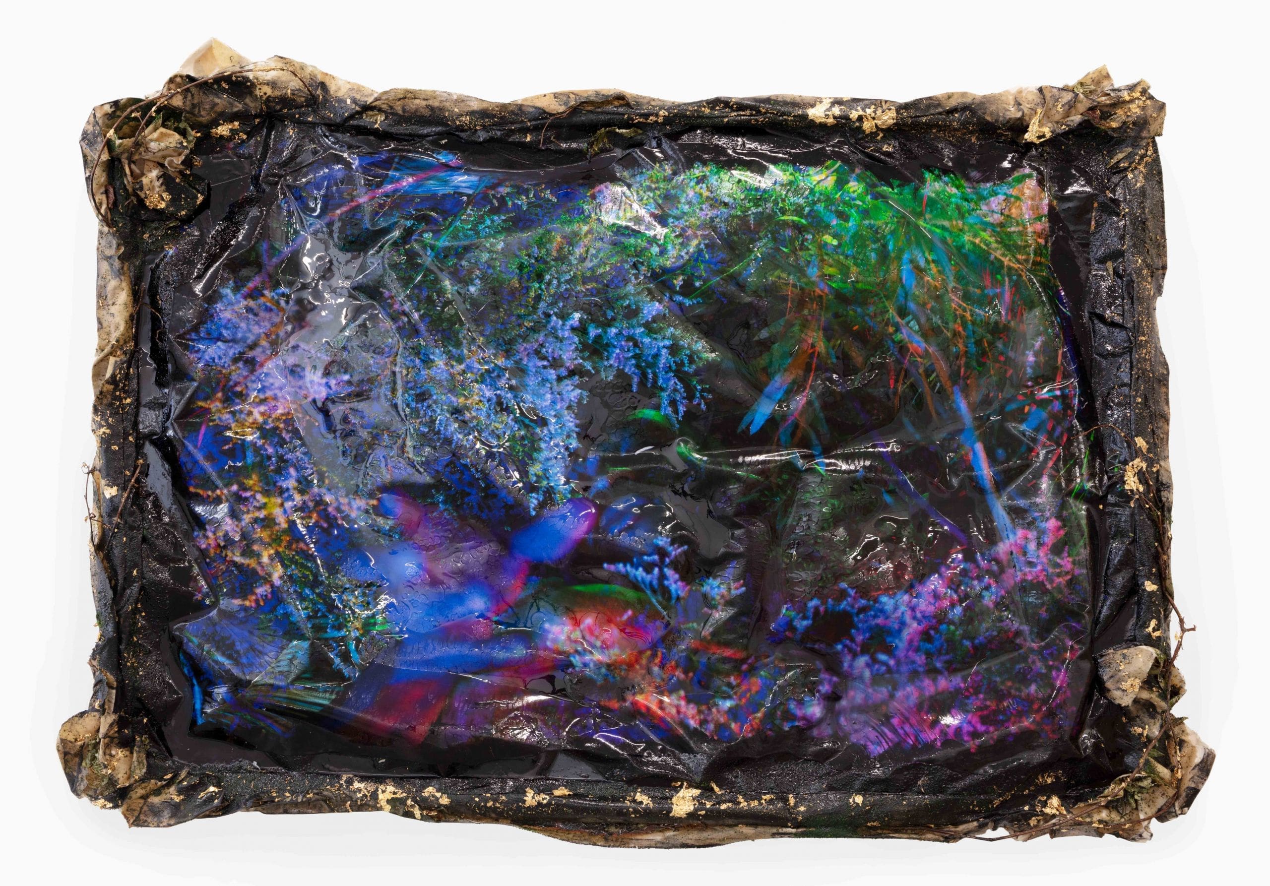 Christopher Udemezue, In the Hollow of Bickersteth, 2022, Canvas, acrylic, gold leaf, moss, resin, vines, bay leaves, guava leaves, objects found in Bickersteth, Jamaica, 67 x 96 inches (170.2 x 243.8 cm)