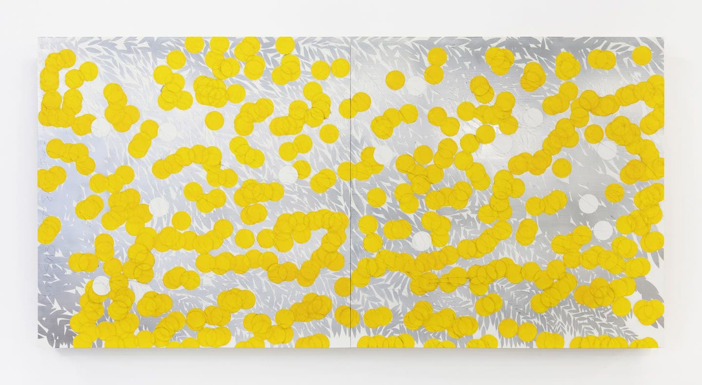 Donald Sultan Mimosas with Silver June 28 2022, 2022 Enamel, acrylic, and graphite on masonite 48 x 96 inches (121.9 x 243.8 cm)