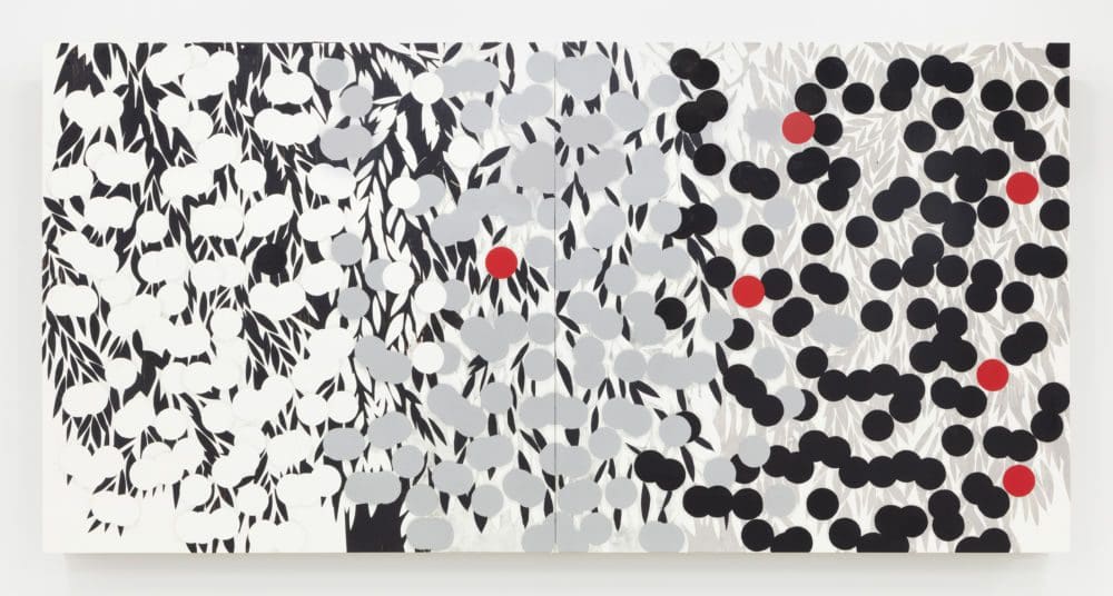 Donald Sultan Mimosa Day For Night Jan 19 2022, 2022 Enamel, vinyl, tar, cement, and graphite on masonite 48 x 96 inches (121.9 x 243.8 cm)