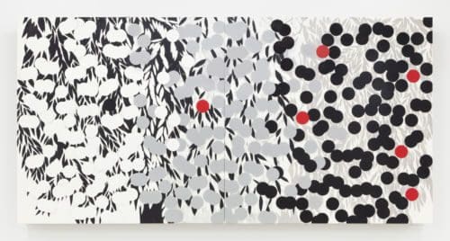 Donald Sultan Mimosa Day For Night Jan 19 2022, 2022 Enamel, vinyl, tar, cement, and graphite on masonite 48 x 96 inches (121.9 x 243.8 cm)