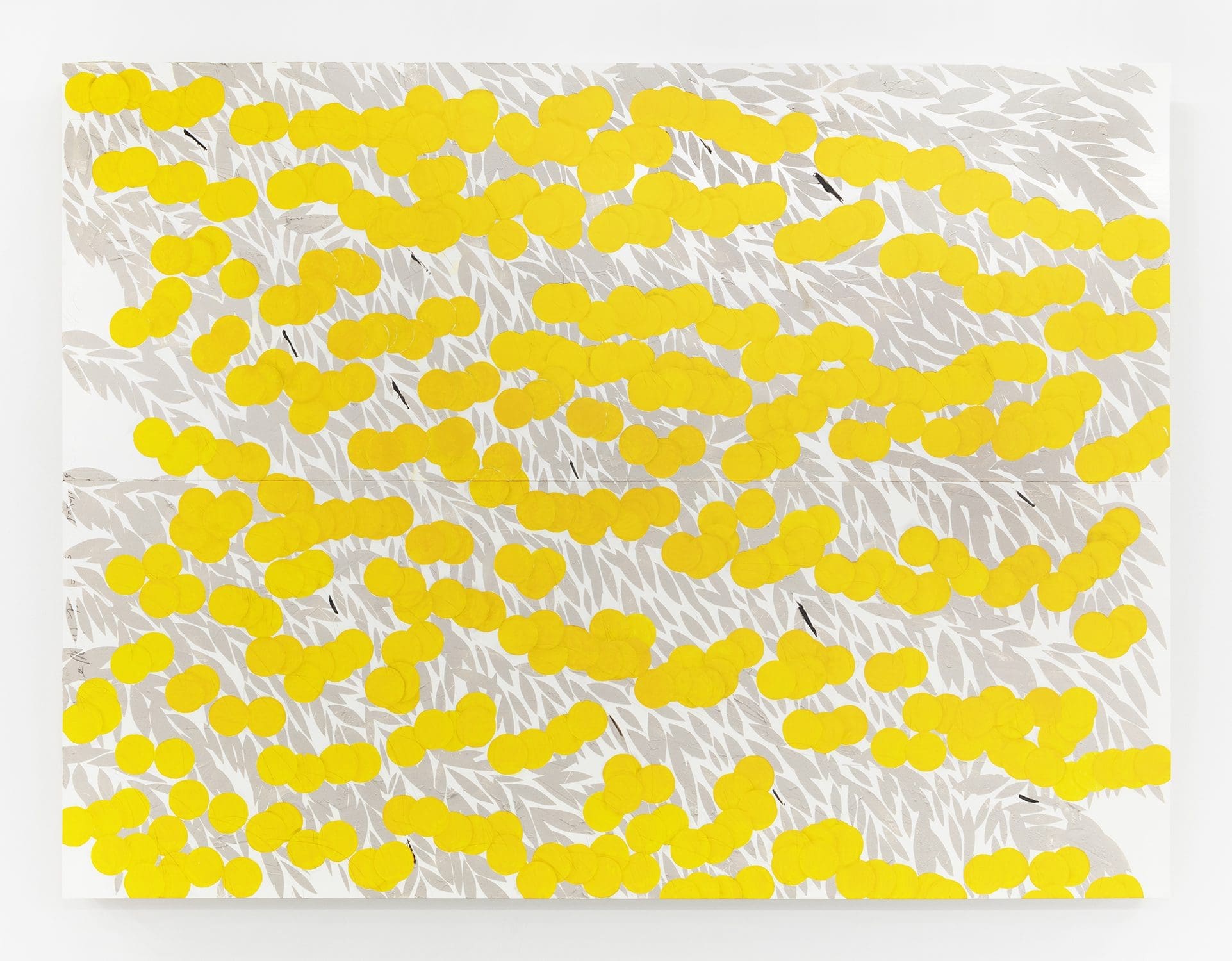 Donald Sultan, Yellow Mimosa March 4 2022, 2022, Enamel, cement and tar on masonite, 72 x 96 inches (182.9 x 243.8 cm)