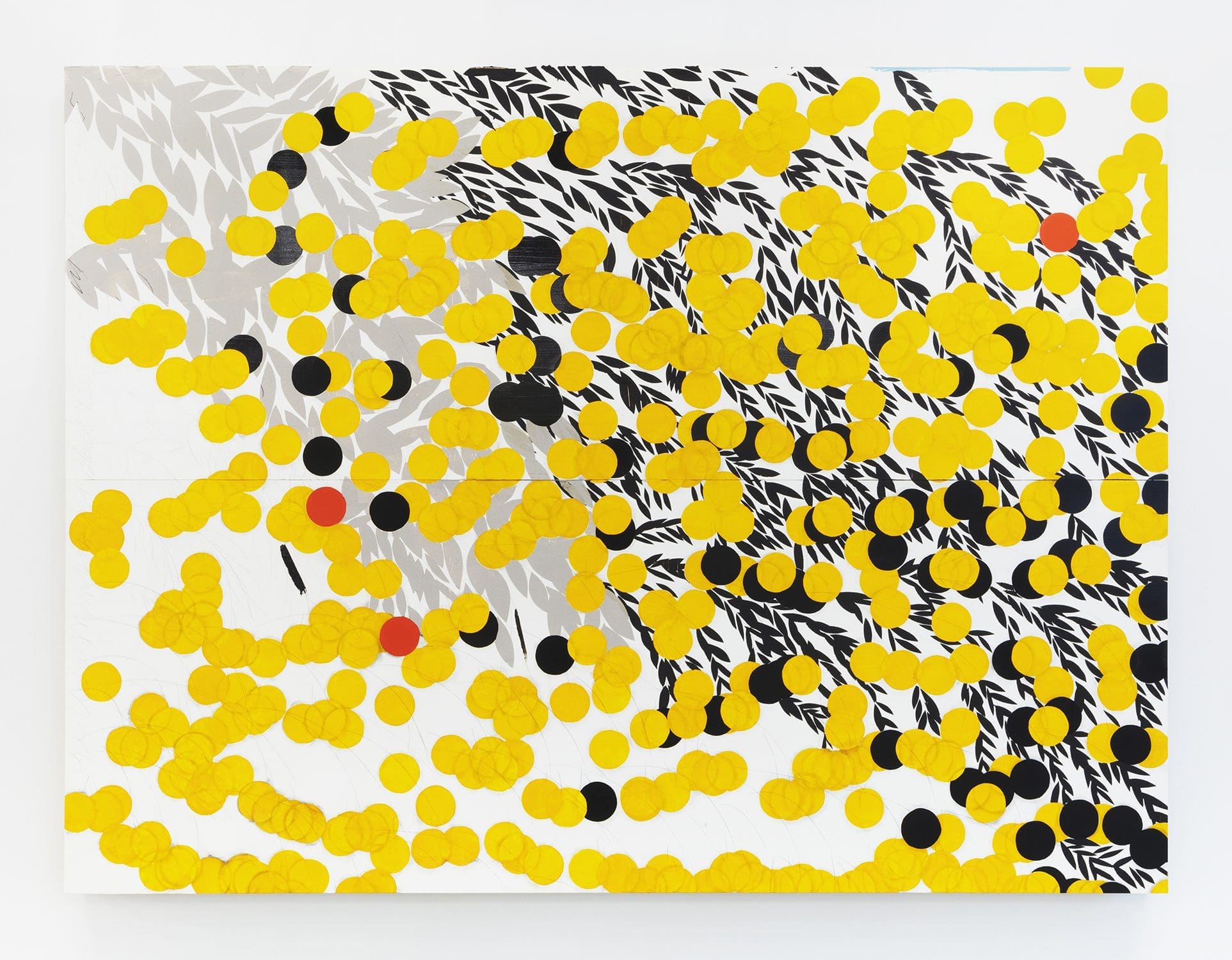 Donald Sultan Yellow Mimosa and Black Berries May 2 2022, 2022 Enamel, tar, cement, and graphite on masonite 72 x 96 inches (182.9 x 243.8 cm)