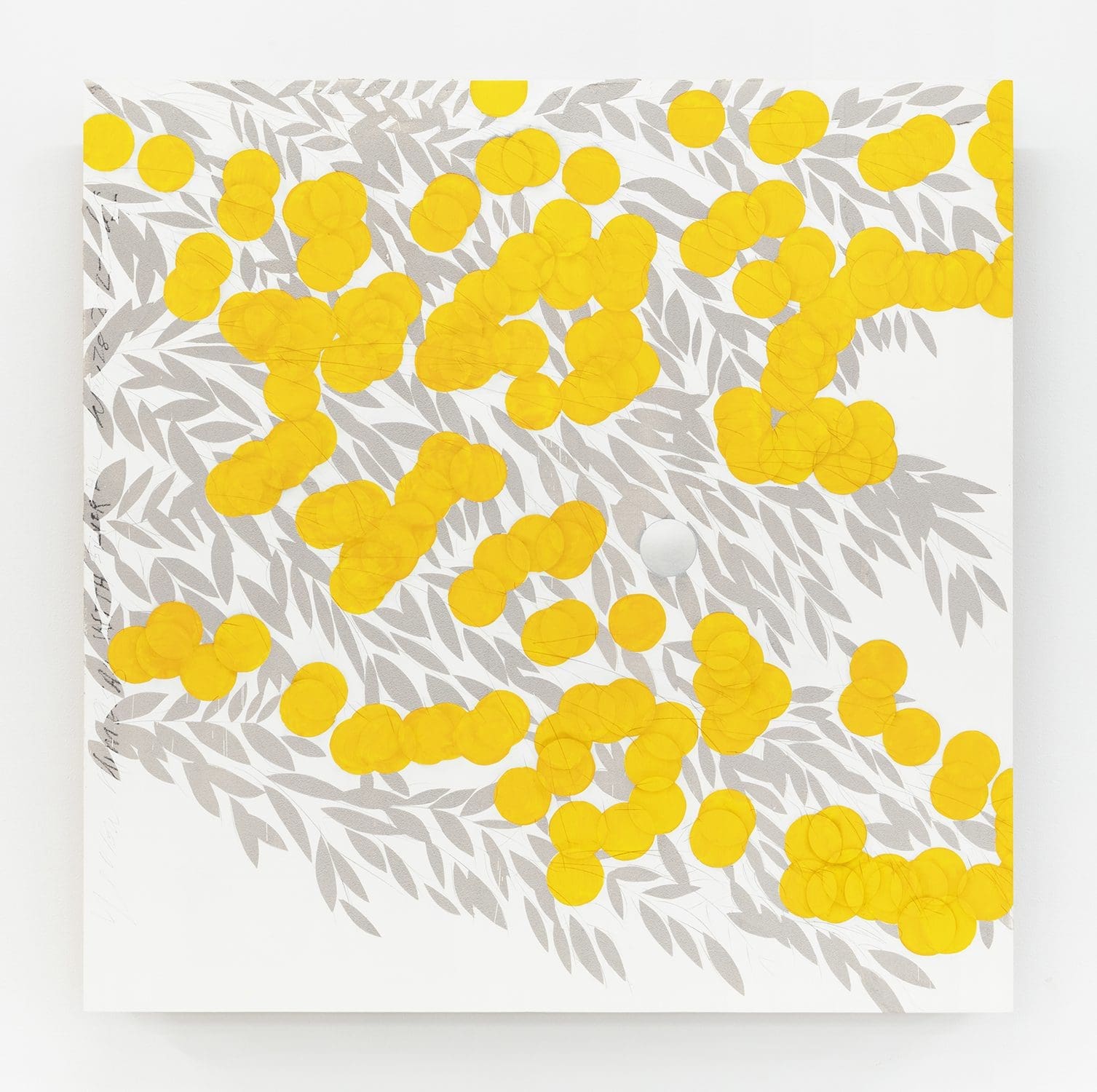 Donald Sultan Yellow Mimosa with Silver Ball May 28 2022, 2022 Enamel, cement, acrylic, and graphite on masonite 48 x 48 inches (121.9 x 121.9 cm)