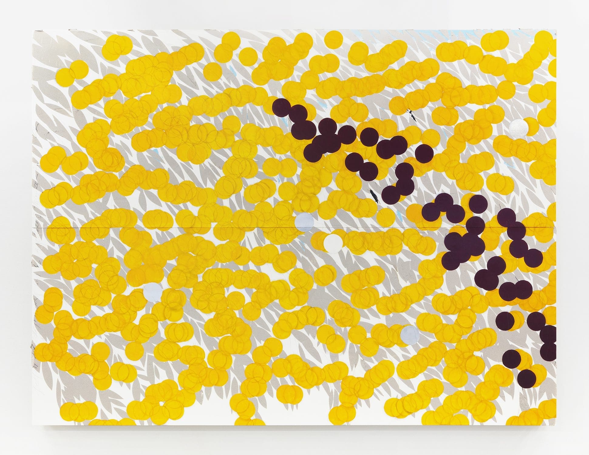 Donald Sultan Yellow Mimosa with Two Anomalies May 28 2022, 2022 Enamel, cement, acrylic, and graphite on masonite 72 x 96 inches (182.9 x 243.8 cm)