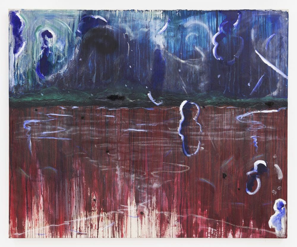 George Nelson Preston The Nightmare of Captains Montez and Ruiz. The Caravel Amistad Adrift Between Havana and Montauk Point / La pesadilla de los capitanes Montez y Ruiz. La Carabela Amistad a la deriva entre Habana y Montauk Point, 2020 Oil, chalk and human hair on canvas 48 x 58 inches (121.9 x 147.3 cm)