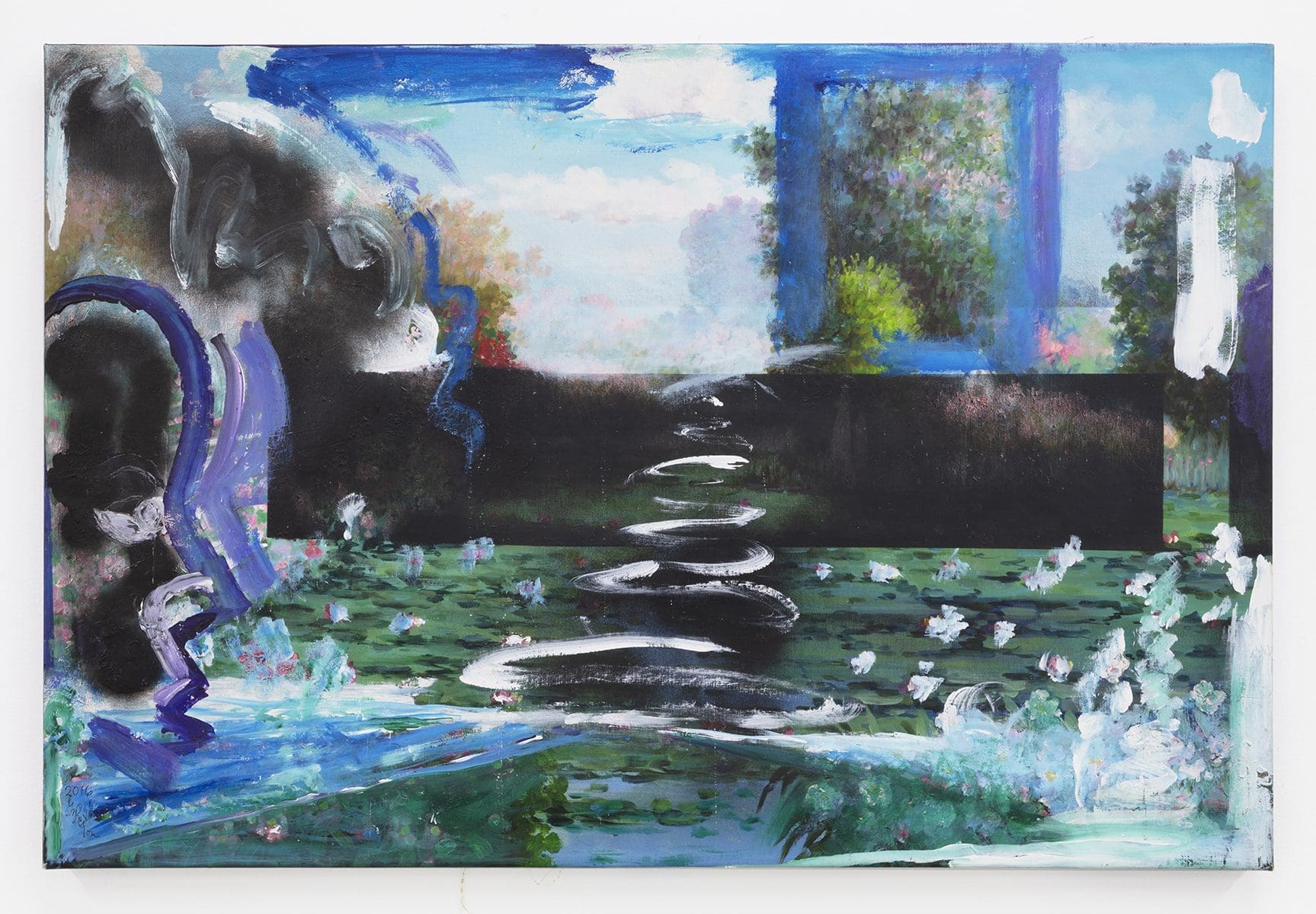 George Nelson Preston The Mask Remembers The Wake Of The Caravels/ La Máscara recuerda la estela de las carabelas, 2016 Oil and acrylic on canvas 24 x 36 inches (61 x 91.4 cm)